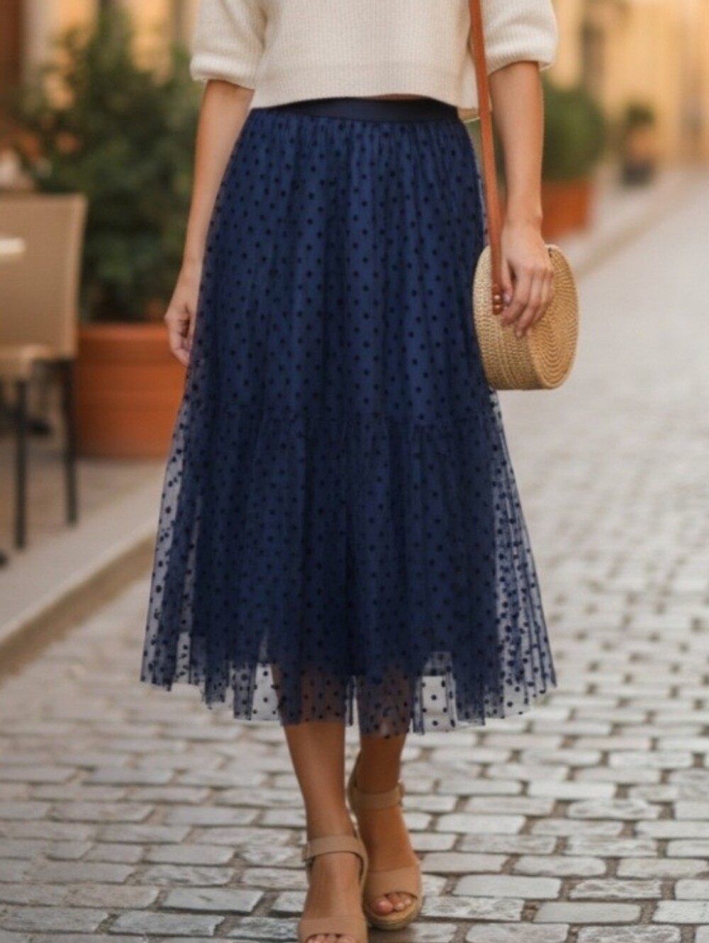 Navy Polka Dot Tulle Elastic Waist Midi Skirt